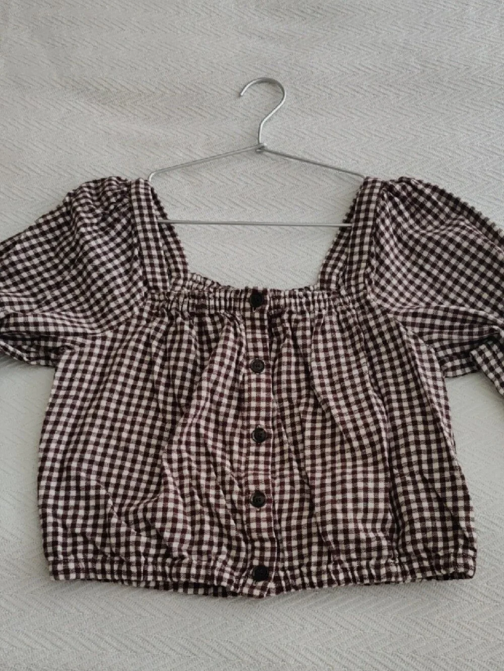 Madewell Brown Gingham Puff-Sleeve Crop Top Small